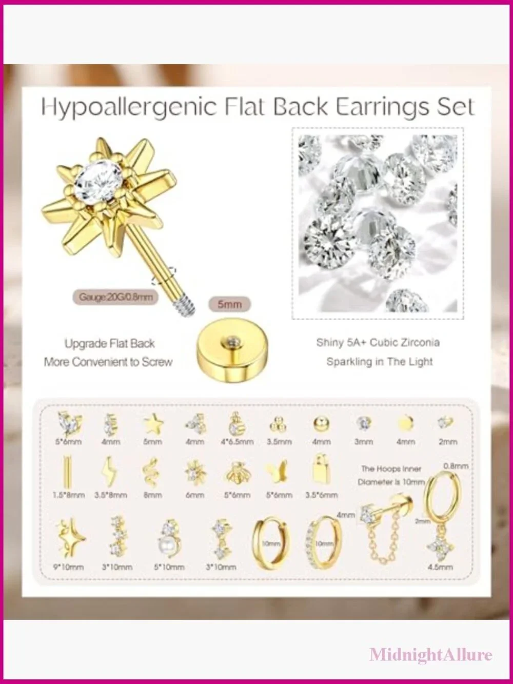 Hypoallergenic Earring Set Surgical Steel Flat Back Studs & Hoops for Multiple